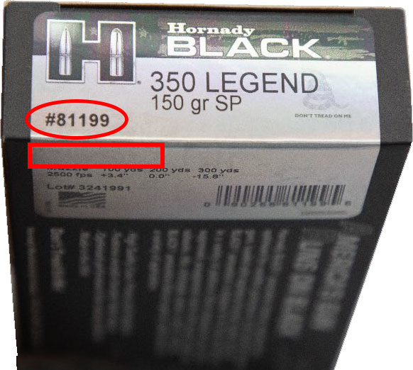 Hornady Black 350 Legend box item number and lot number location example image